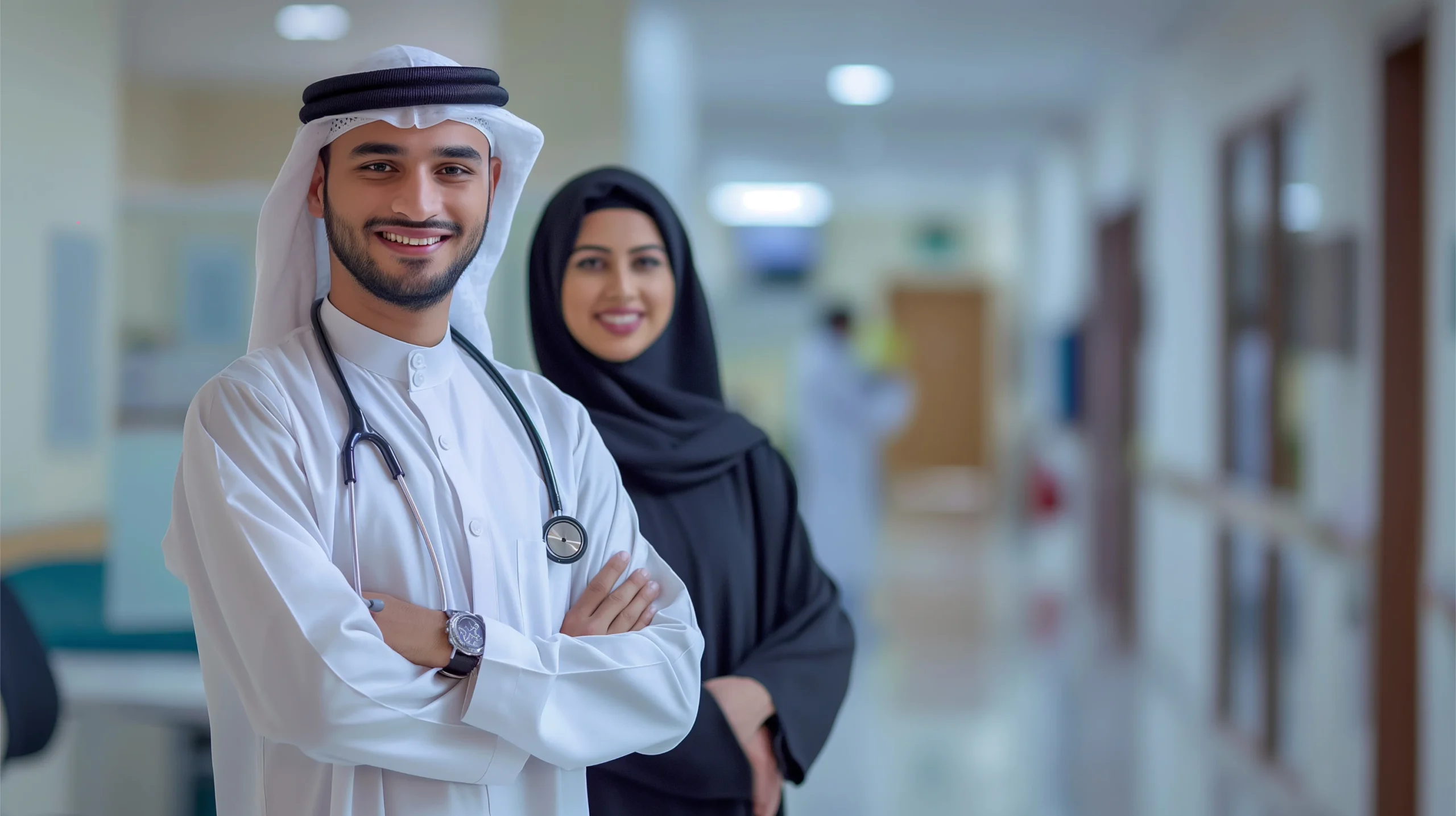 A professional male Emirati doctor in a white thobe and ghutra with a stethoscope around his neck stands in a modern hospital corridor, smiling alongside a female colleague in an abaya, representing the high standard of healthcare professional involvement in Patient Journey Mapping in UAE.