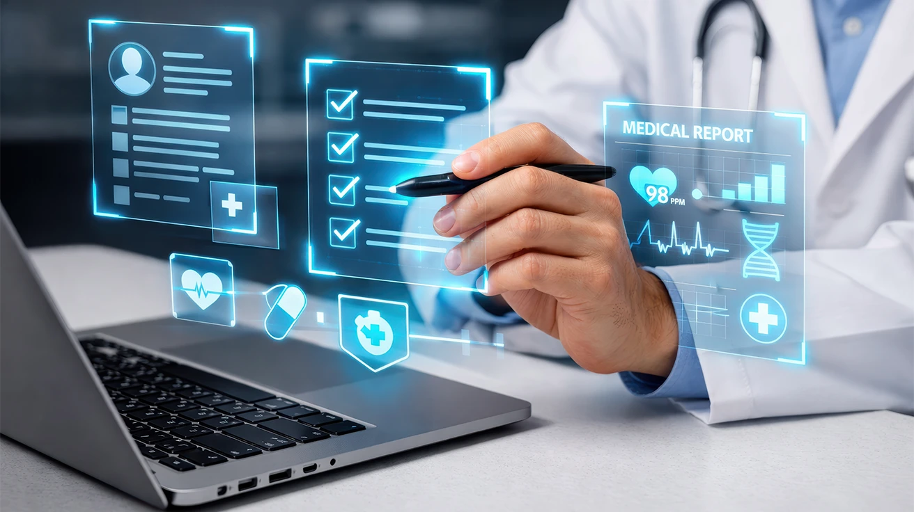 A doctor interacting with a digital medical report and patient data interface, demonstrating the advanced analytics provided by a healthcare market research firm UAE.