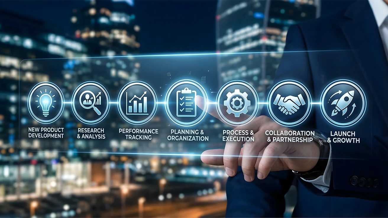 Businessman using digital dashboard for new business launch research in UAE and business growth planning