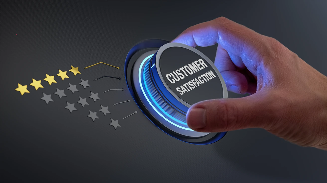 Customer Satisfaction Surveys concept image showing a hand adjusting a satisfaction control dial with five-star rating feedback for customer experience measurement.
