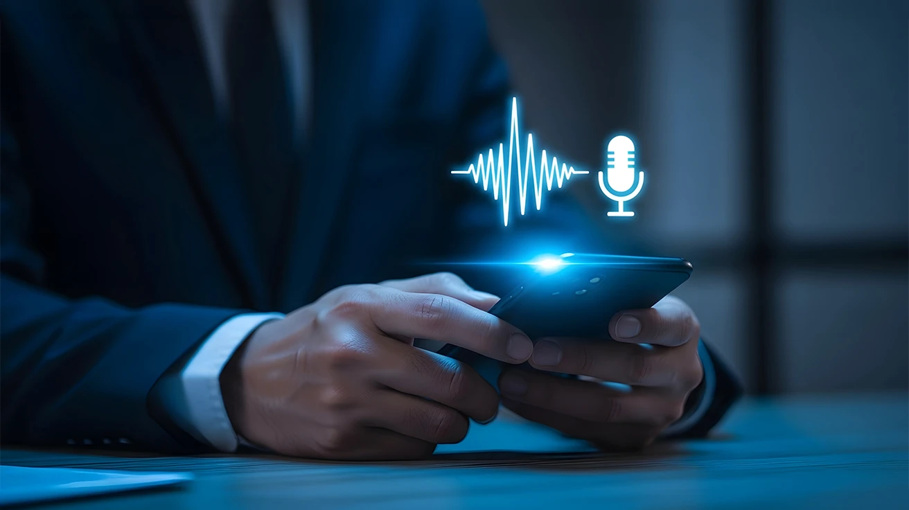Business professional using a smartphone with voice recording technology, representing services offered by Voice Data Collection Companies for speech and audio data gathering.