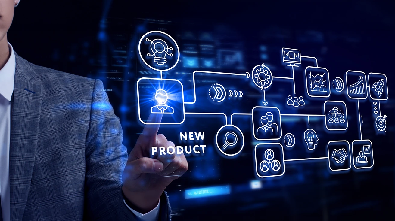 New Product Testing concept showing a business professional evaluating product development strategy and market research process