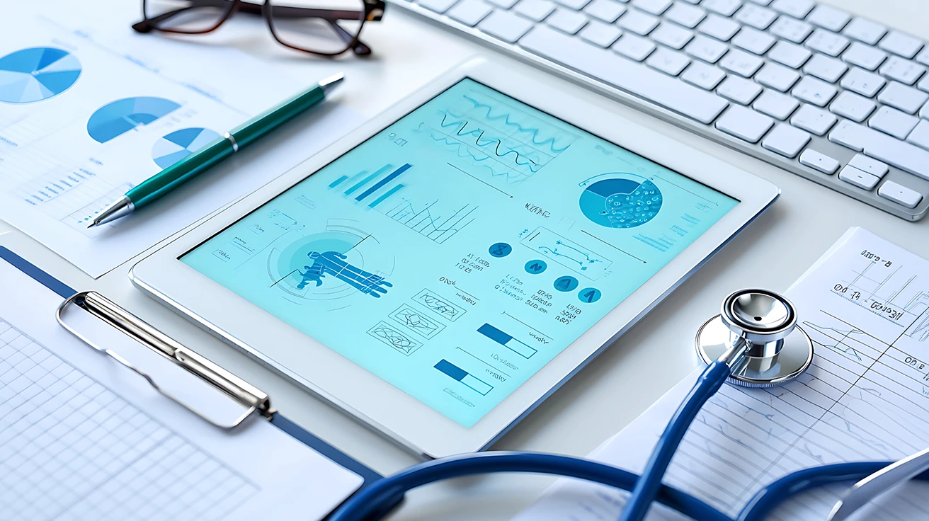 Healthcare Market Research Firm analysing medical data and patient research insights on a digital tablet with healthcare analytics charts.