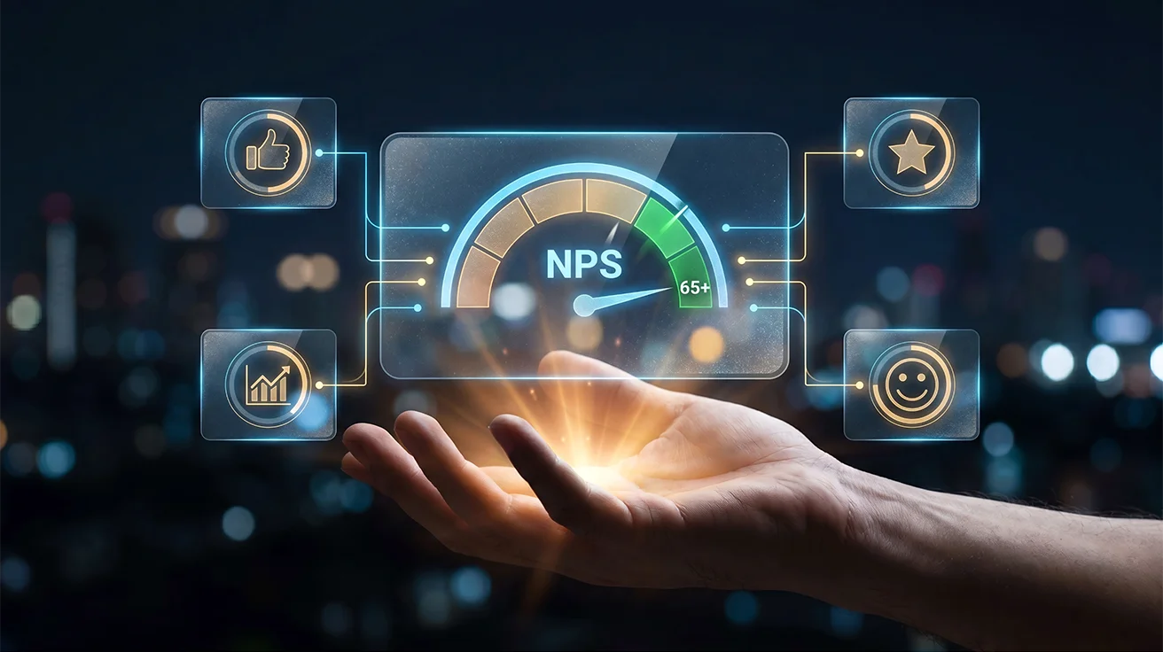 NPS survey best practices with a digital Net Promoter Score dashboard showing a 65+ score and customer satisfaction indicators.