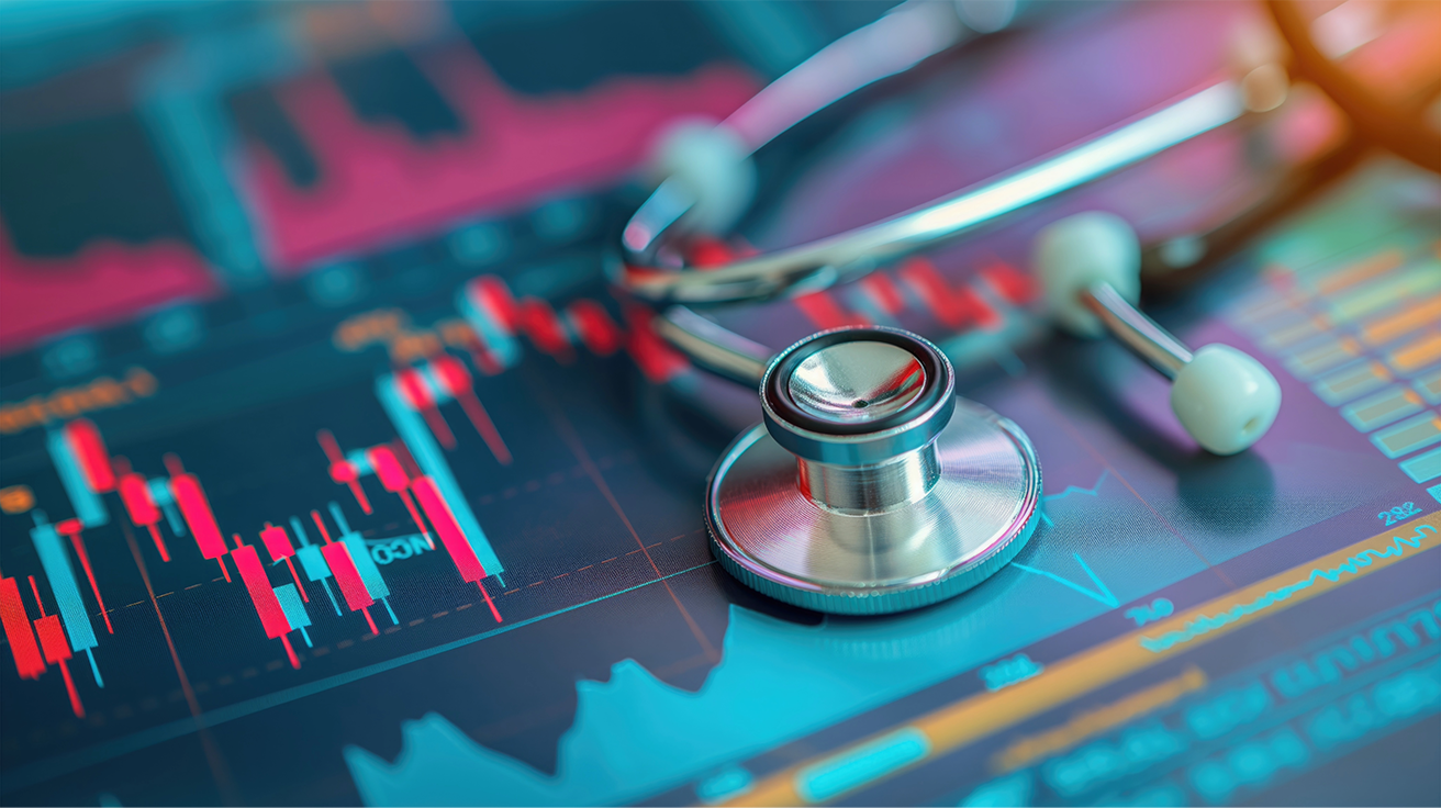 Healthcare market research companies analyzing healthcare market trends and investment data with a stethoscope and digital charts.