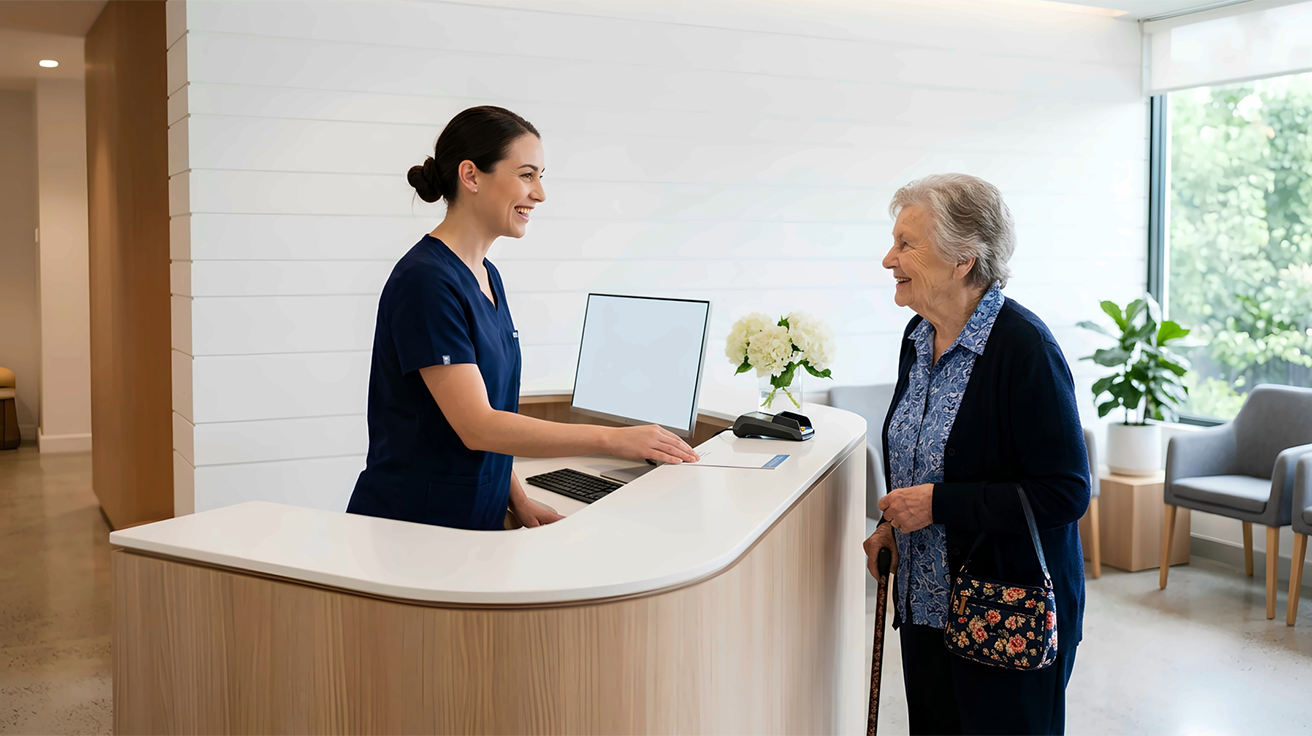 Healthcare mystery shopping companies evaluating patient service at a healthcare reception desk.