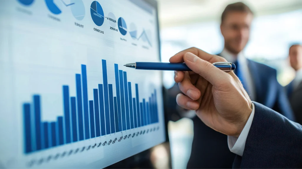A consultant analysing Feasibility study using market data and business performance charts.