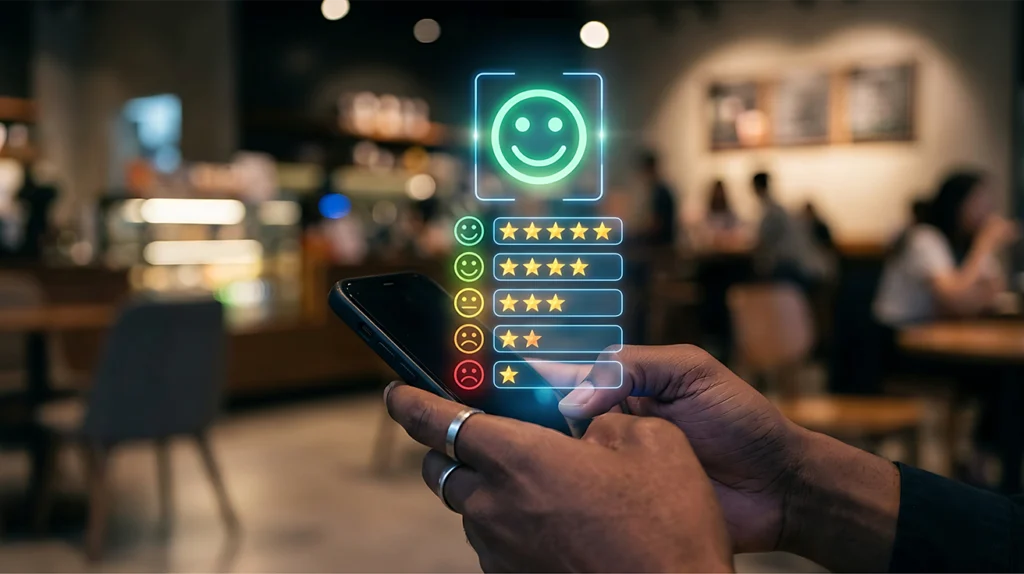 A customer uses a smartphone to rate their satisfaction with a digital customer feedback survey.